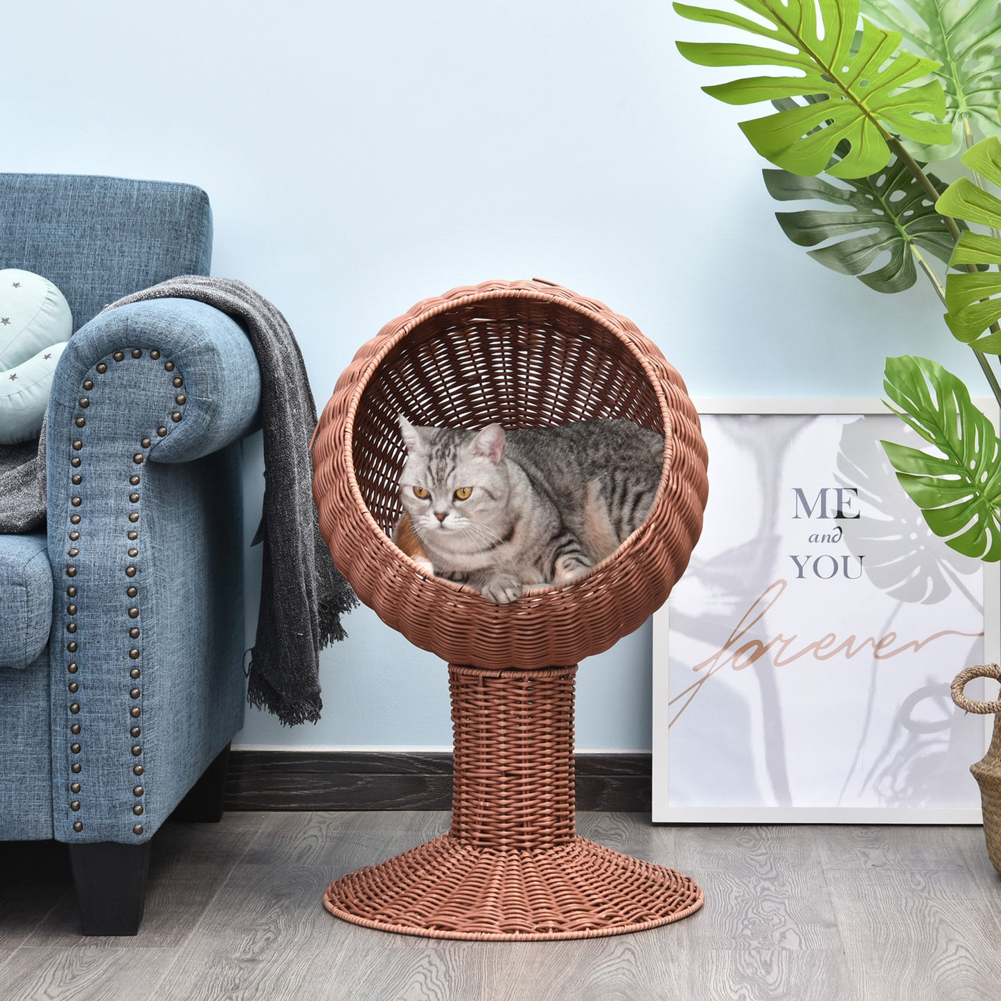 Elevated Wicker Egg Pod Cat Bed – Rotatable Basket House with Cushion