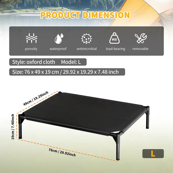 Elevated dog bed features – waterproof breathable Oxford fabric infographic