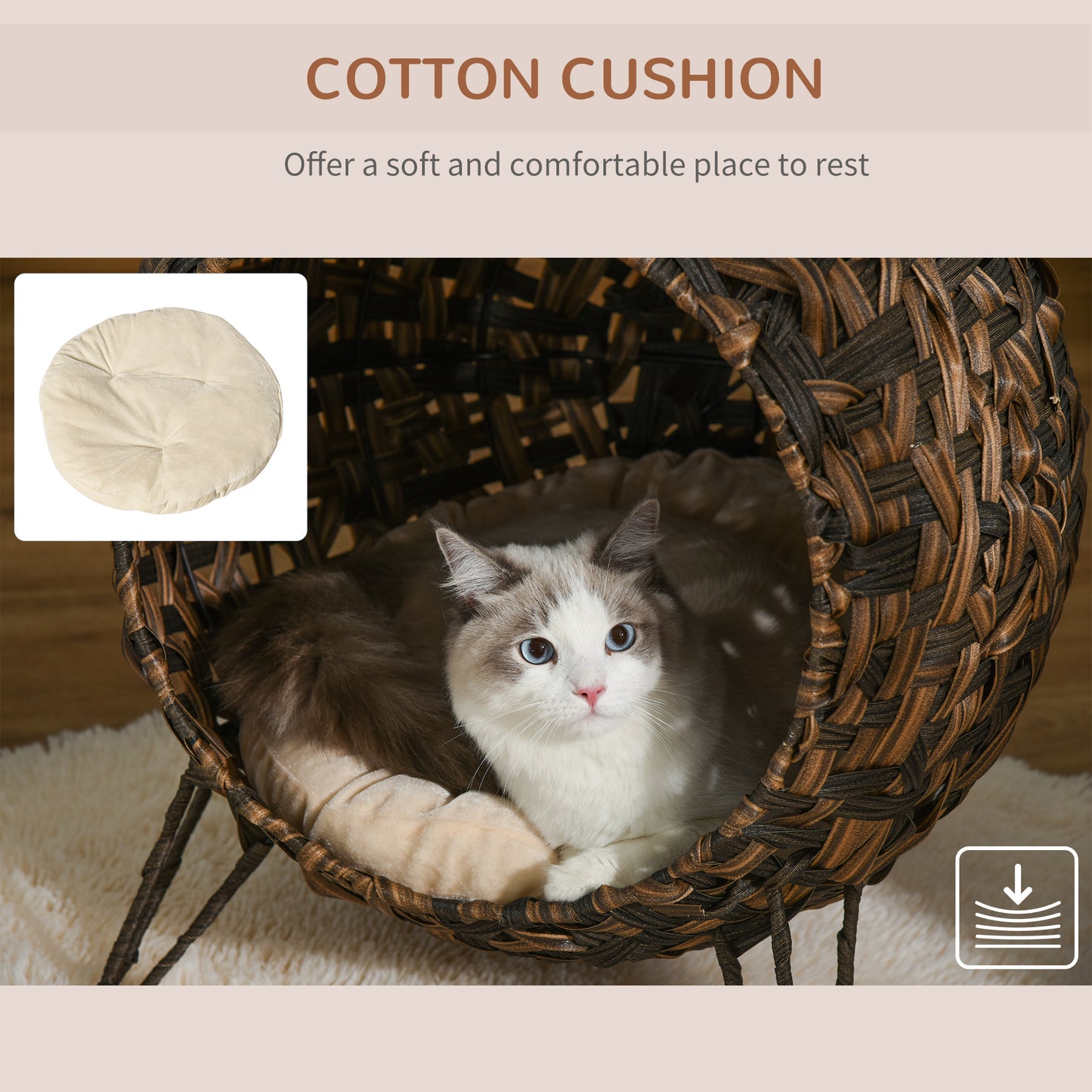 Handwoven Elevated Cat Bed – Egg Chair Wicker Basket House with Cushion