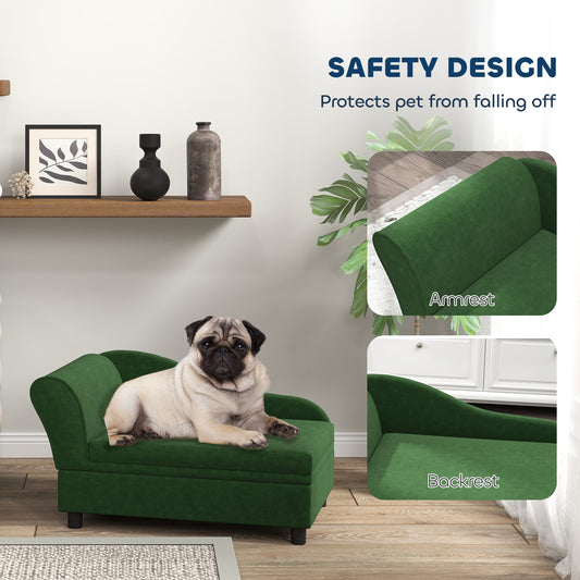 Emerald green tufted velvet dog couch with arched armrests - side view