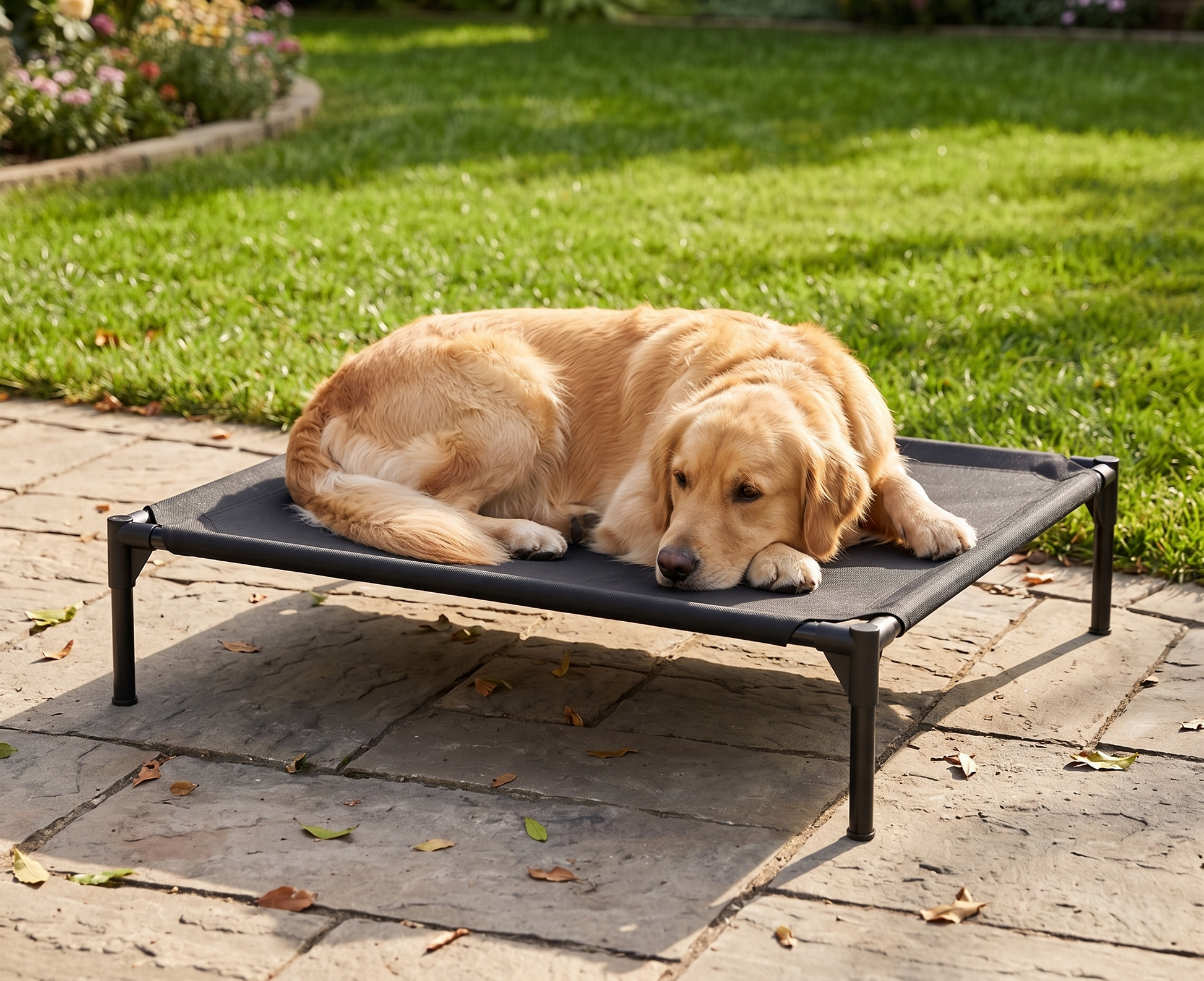 Golden retriever resting on GianfiStore elevated dog bed – outdoor patio breathable Oxford pet bed