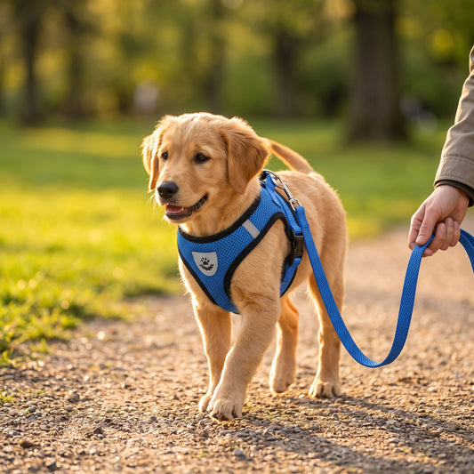 Golden Retriever puppy wearing blue mesh harness vest walking in American park, GianfiStore