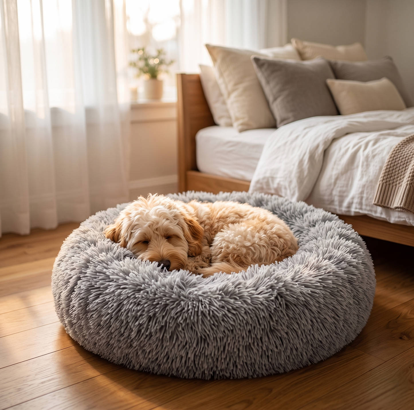 GianfiStore Calming Donut Dog Bed – fluffy Cockapoo sleeping in gray plush donut bed, cozy American bedroom with morning light