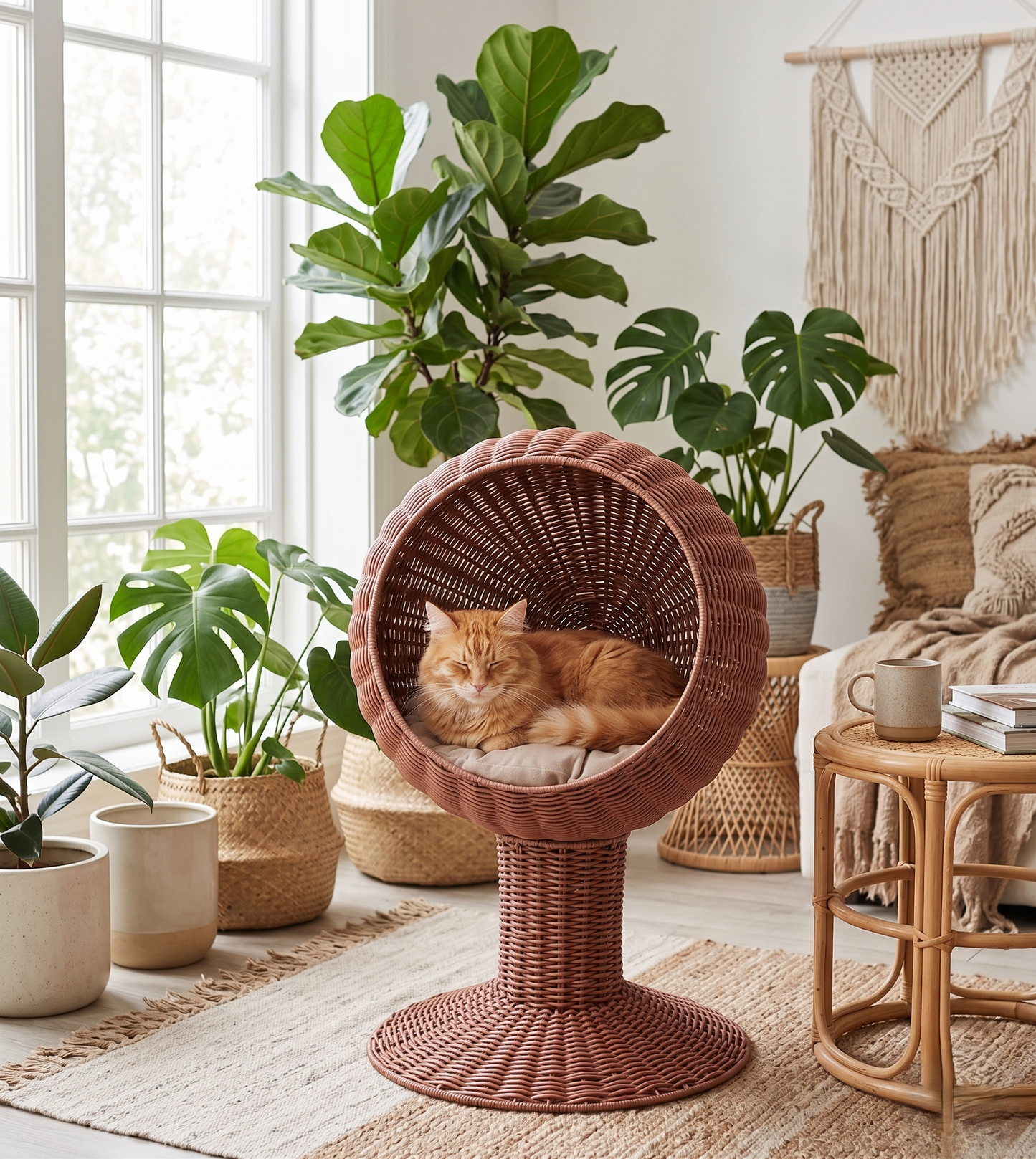 Elevated Wicker Egg Pod Cat Bed – Rotatable Basket House with Cushion