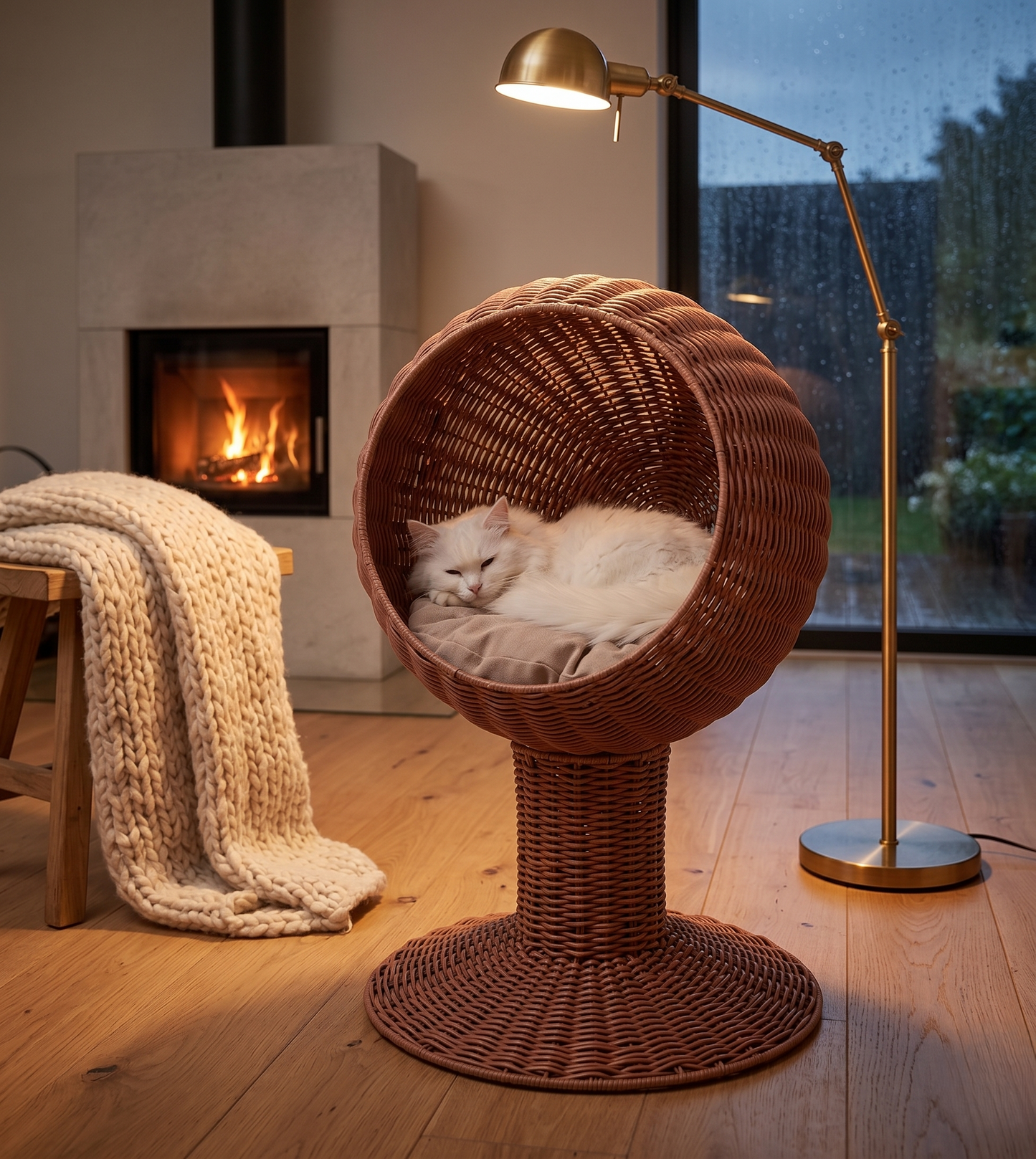 Elevated Wicker Egg Pod Cat Bed – Rotatable Basket House with Cushion