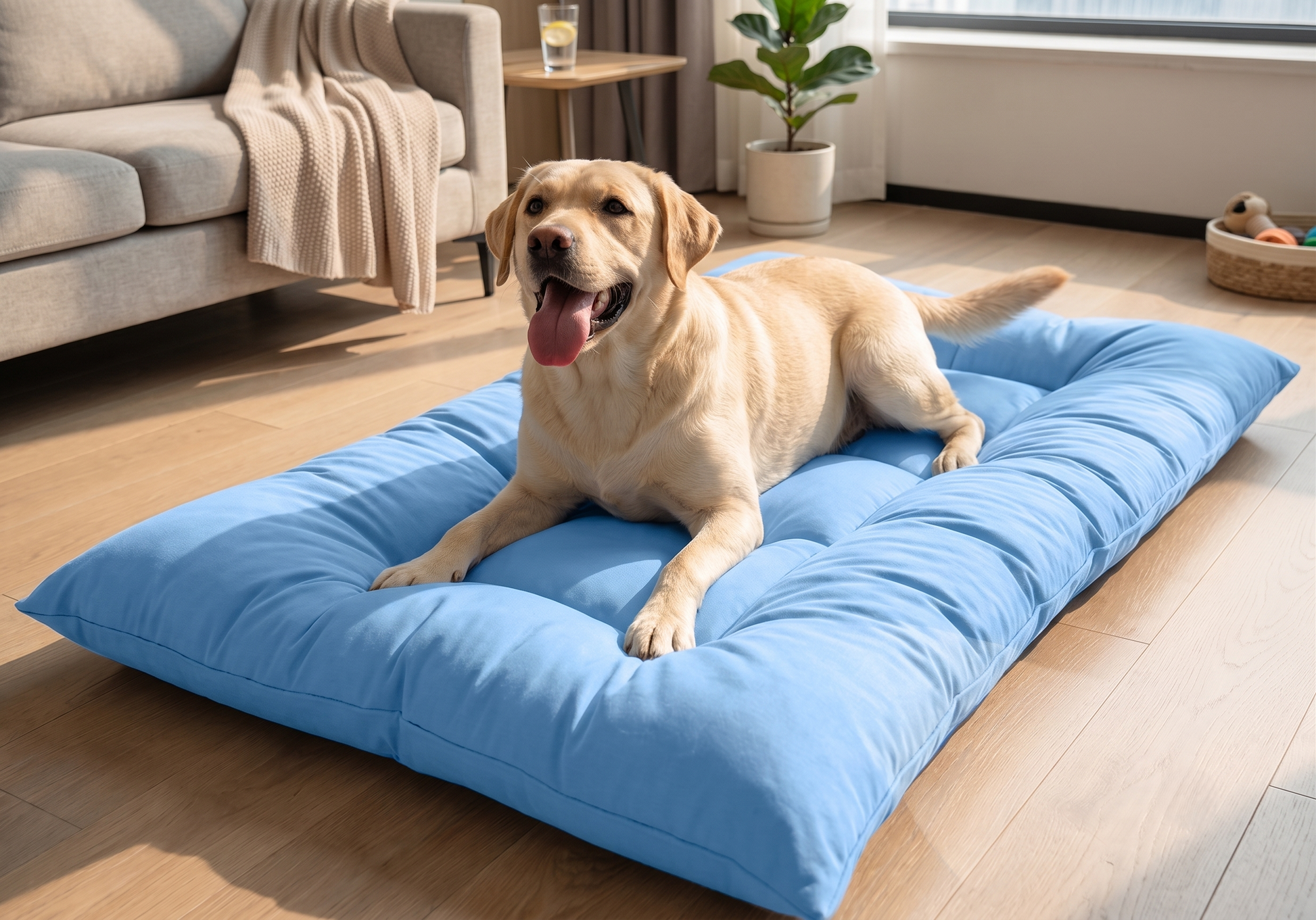 Golden Labrador resting on extra-large light blue quilted 
dog cooling mat in modern living room – GianfiStore
