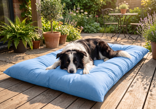 dogs relaxing on XXL light blue quilted cooling mat 
on patio – extra-large size for big breeds – GianfiStore
