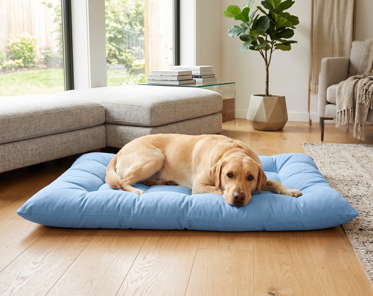 Large Labrador lying comfortably on light blue plush dog 
cooling mat – double-sided XXL sofa bed – GianfiStore
