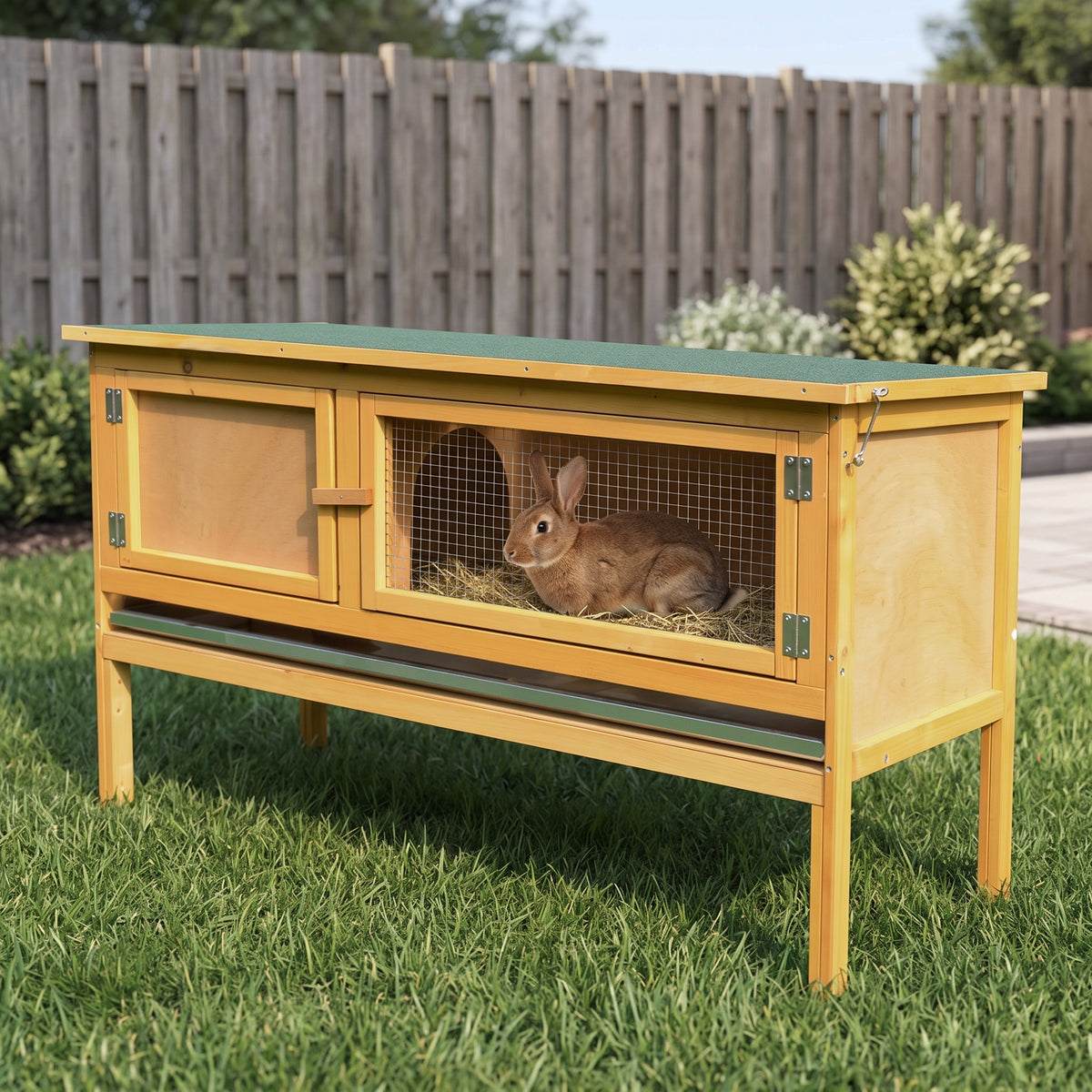 Extra-Wide Wooden Rabbit Hutch — 45" Raised Bunny House with Hinged Asphalt Roof