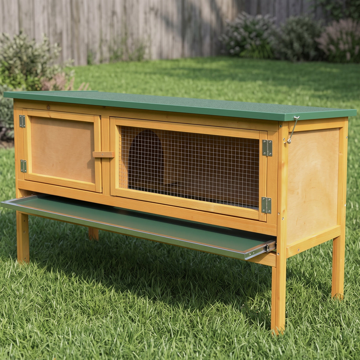 Extra-Wide Wooden Rabbit Hutch — 45" Raised Bunny House with Hinged Asphalt Roof