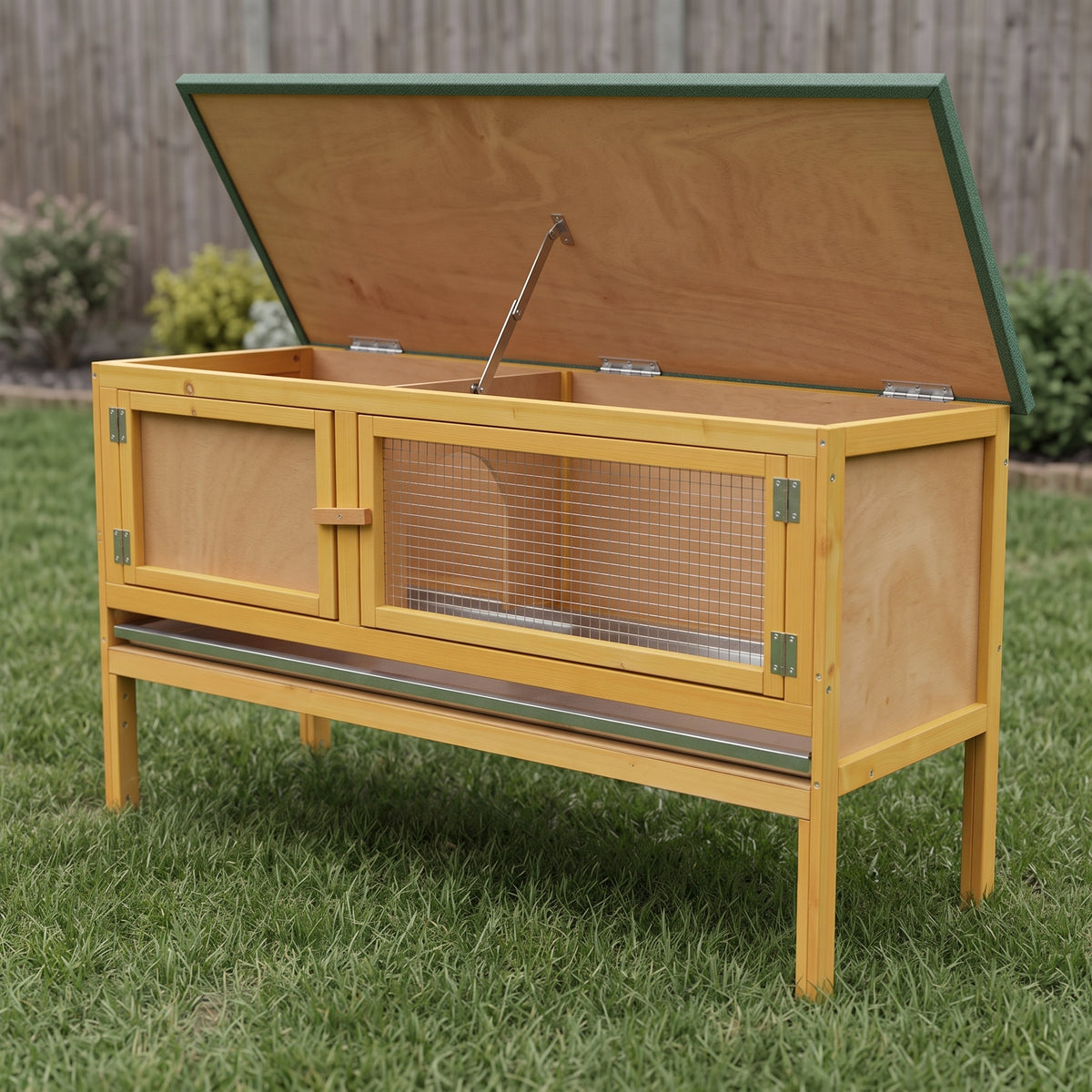 Extra-Wide Wooden Rabbit Hutch — 45" Raised Bunny House with Hinged Asphalt Roof