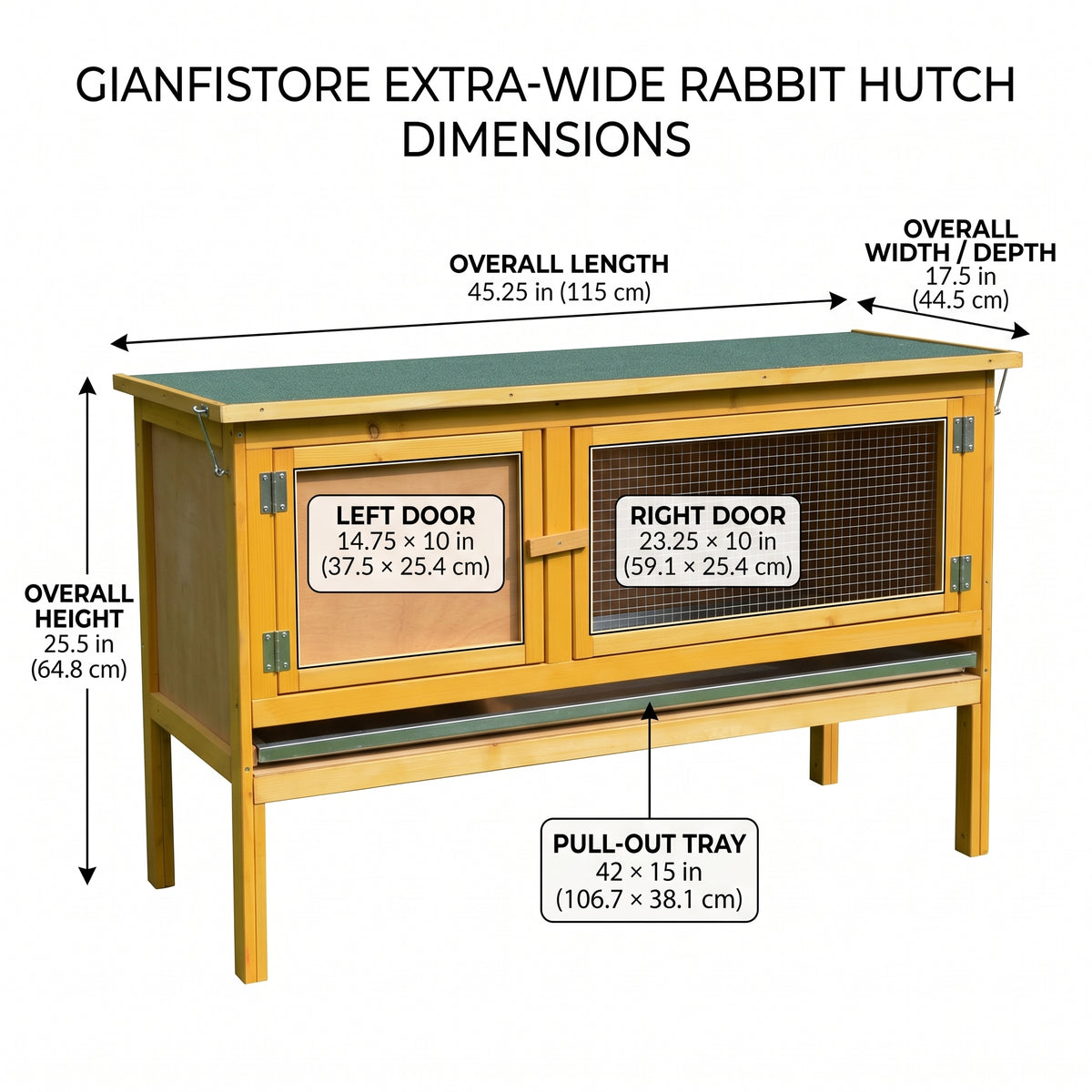 Extra-Wide Wooden Rabbit Hutch — 45" Raised Bunny House with Hinged Asphalt Roof