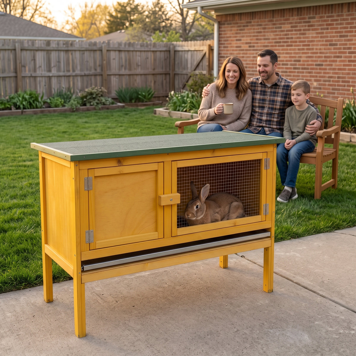 Extra-Wide Wooden Rabbit Hutch — 45" Raised Bunny House with Hinged Asphalt Roof