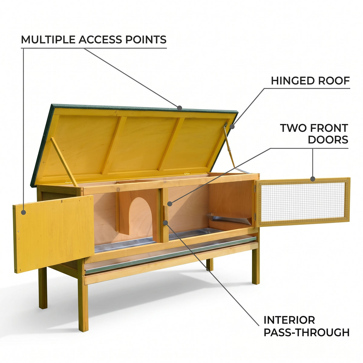 Extra-Wide Wooden Rabbit Hutch — 45" Raised Bunny House with Hinged Asphalt Roof