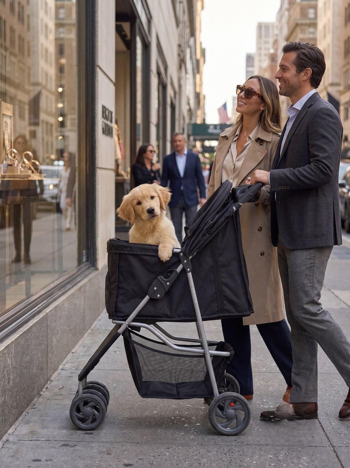 GianfiStore foldable pet stroller on Fifth Avenue New York — elegant couple shopping, golden retriever puppy with paw on edge, luxury store windows