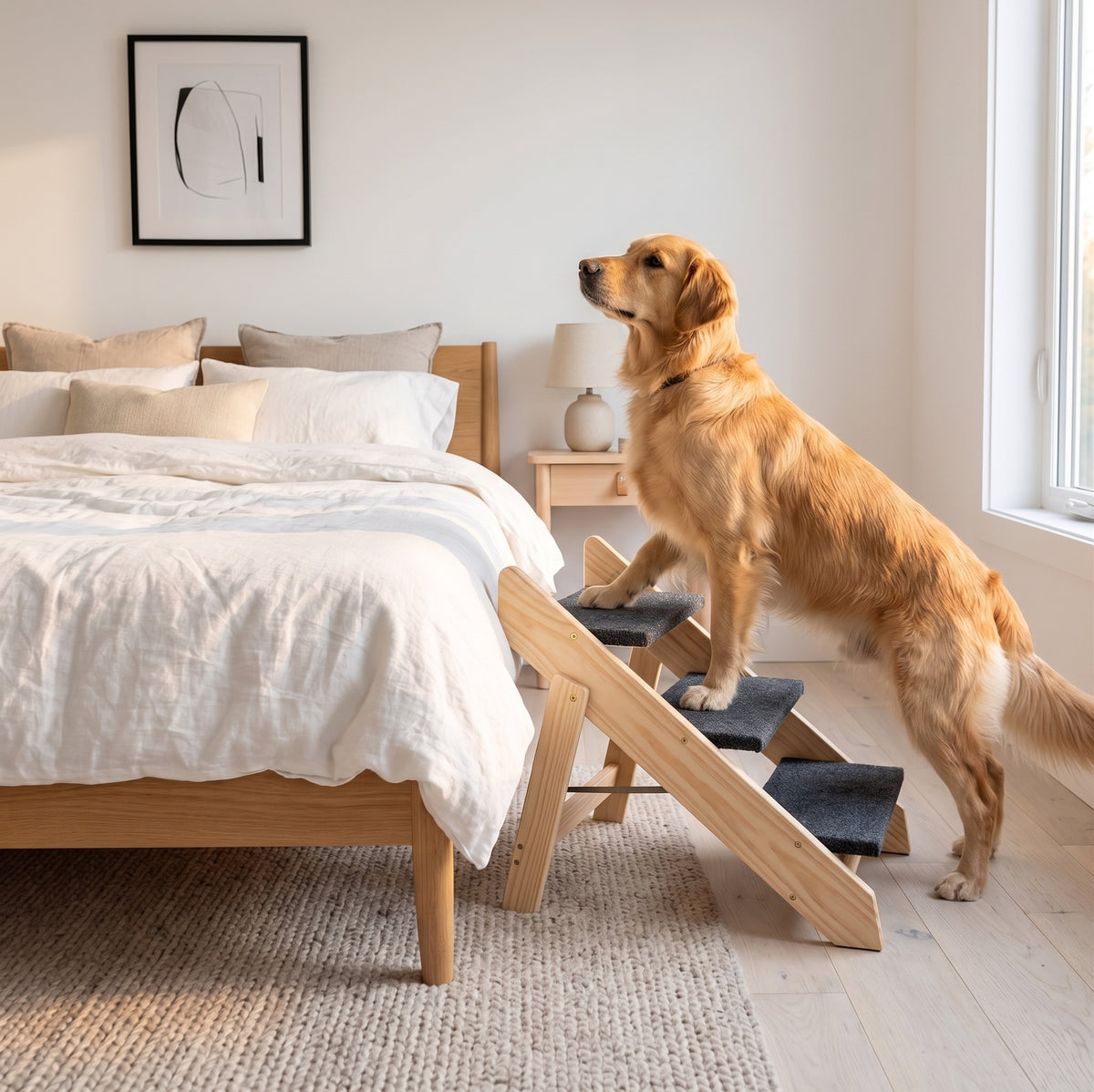 Golden retriever climbing folding wooden dog stairs next to bed in Scandinavian bedroom — GianfiStore