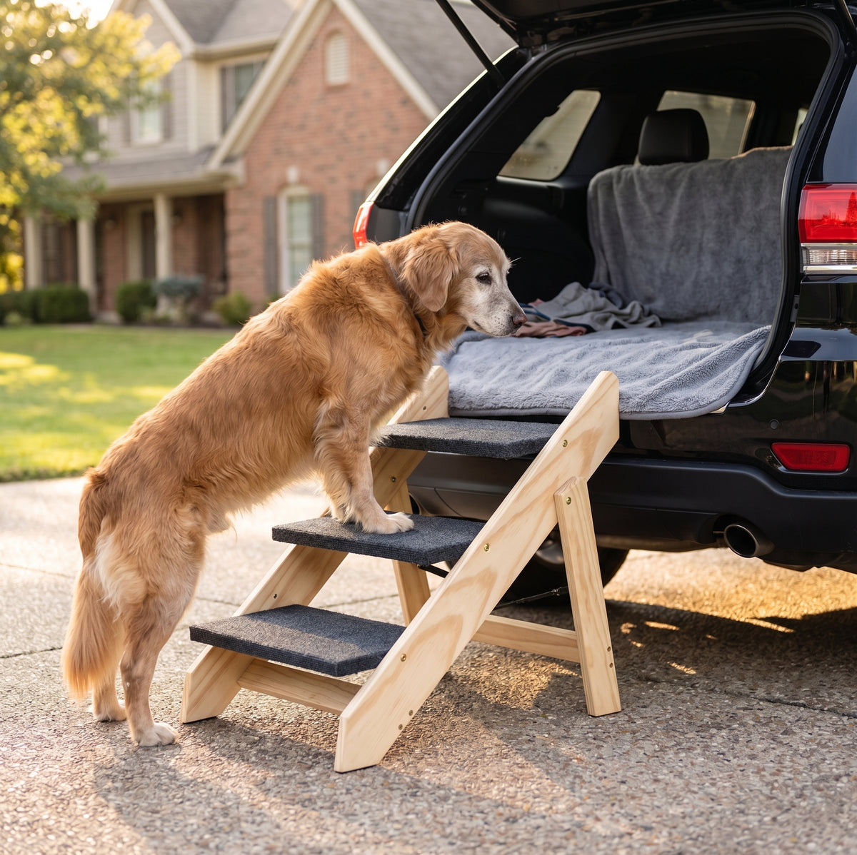 Senior golden retriever climbing folding wooden dog stairs into black SUV trunk — GianfiStore