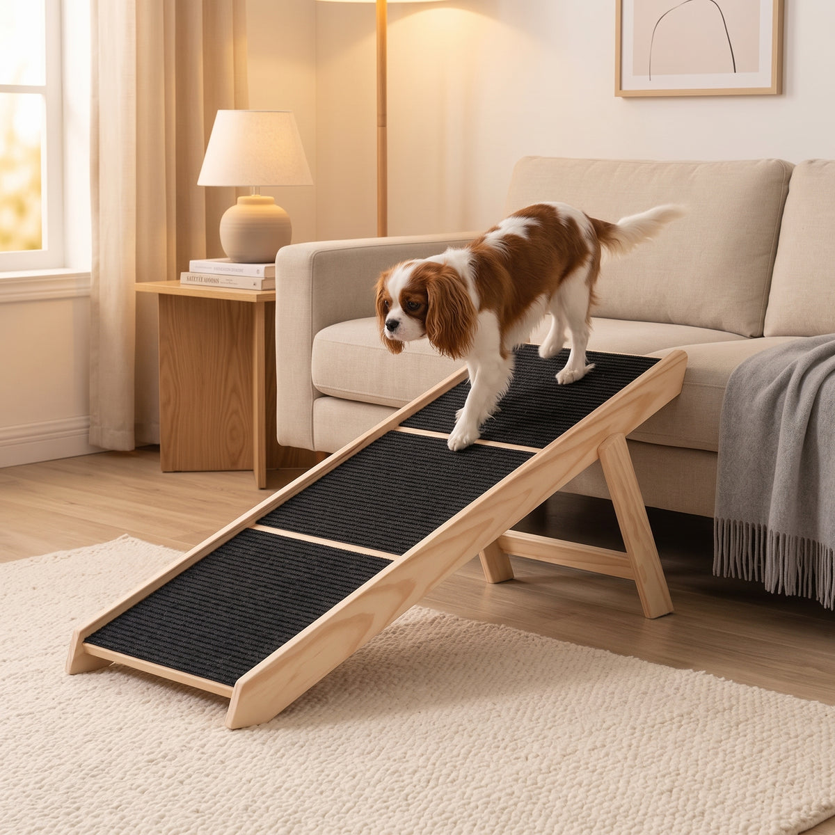 French Bulldog using 3-step folding wooden dog stairs and ramp mode next to white couch — GianfiStore