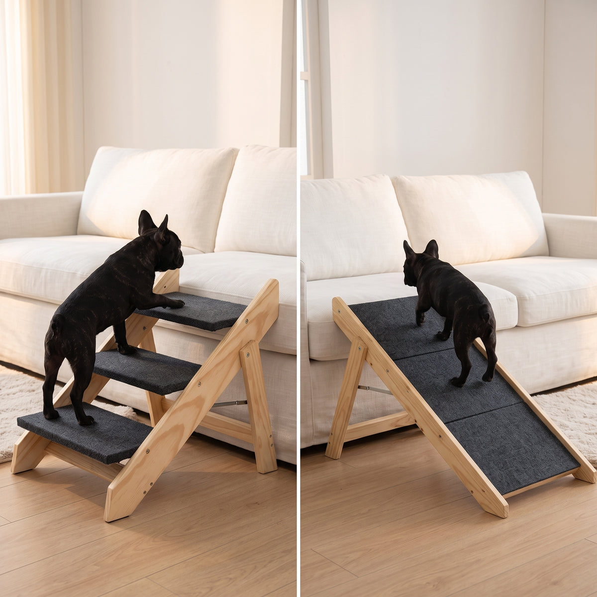 Folding wooden dog stairs dimensions: 27.6" L x 18.5" W x 19.5" H, supports 110 lbs — GianfiStore