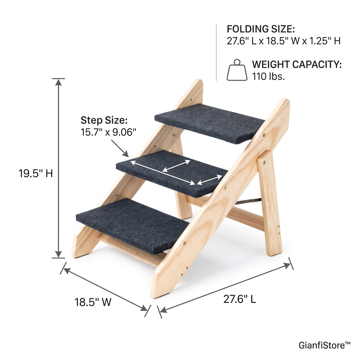 Folding wooden dog stairs dimensions: 27.6" L x 18.5" W x 19.5" H, supports 110 lbs — GianfiStore