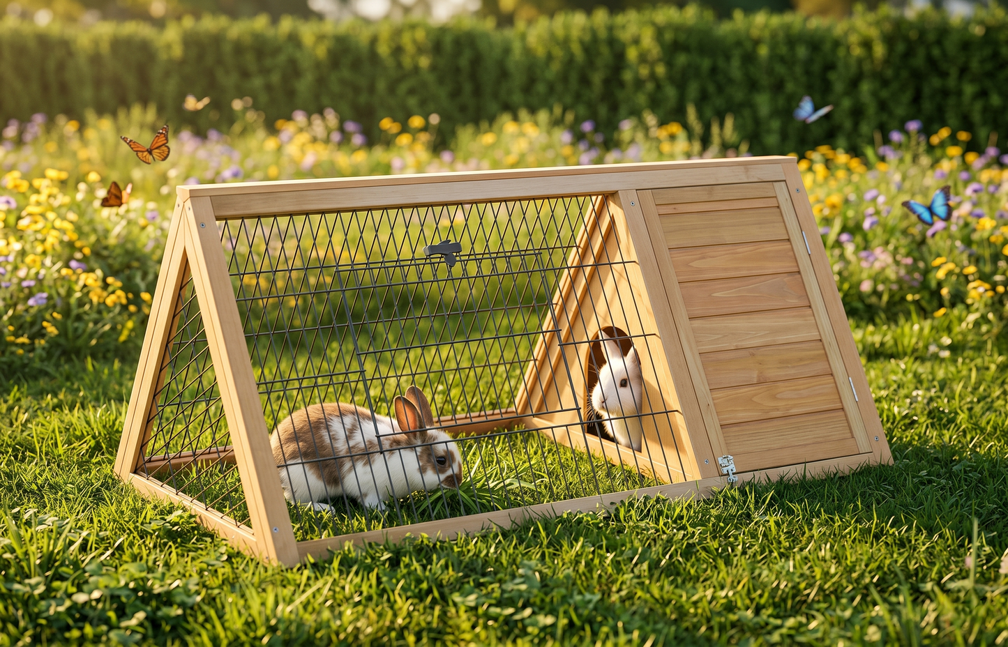 Portable wooden A-frame rabbit hutch in summer garden with butterflies and wildflowers — outdoor rabbit run