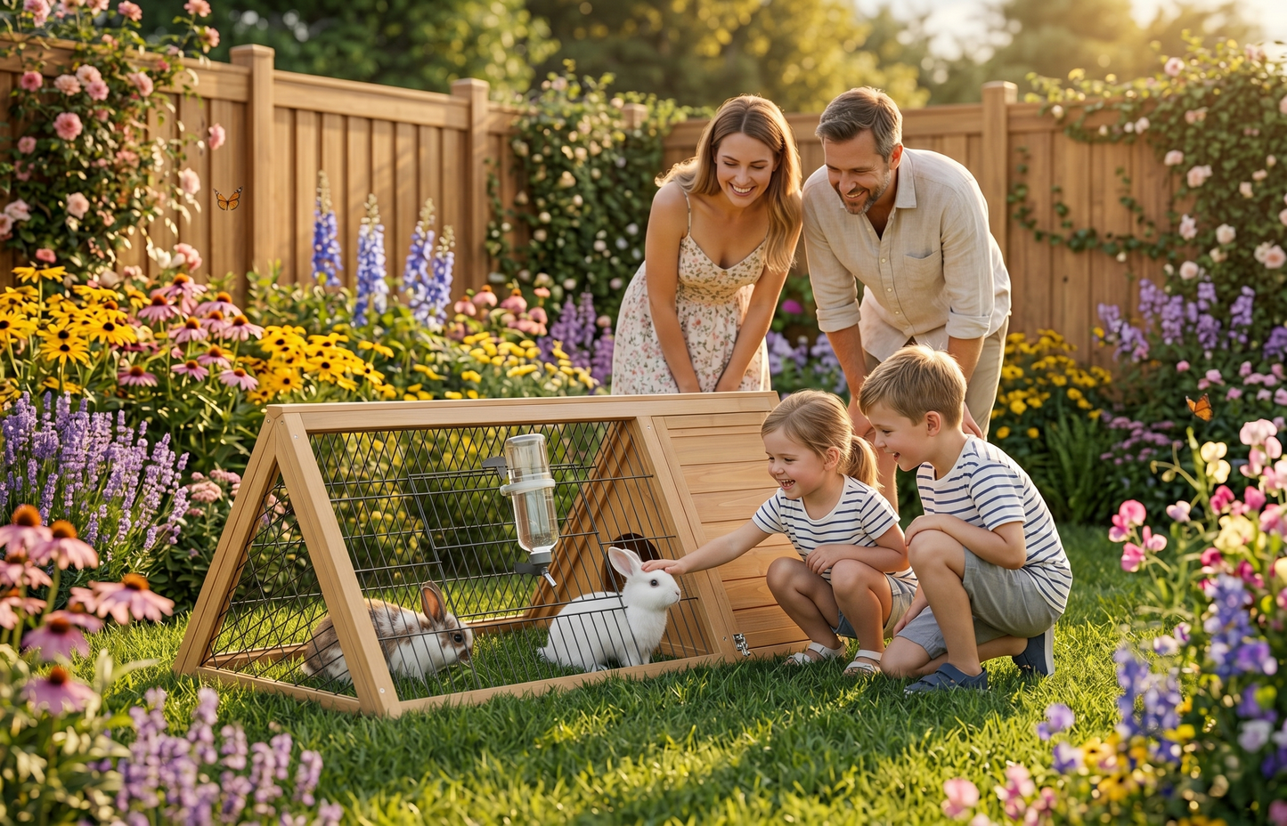 Family enjoying their portable A-frame rabbit hutch in a summer backyard garden — children petting rabbits
