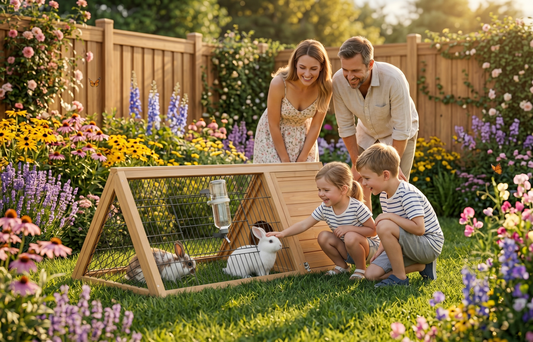 Family enjoying their portable A-frame rabbit hutch in a summer backyard garden — children petting rabbits