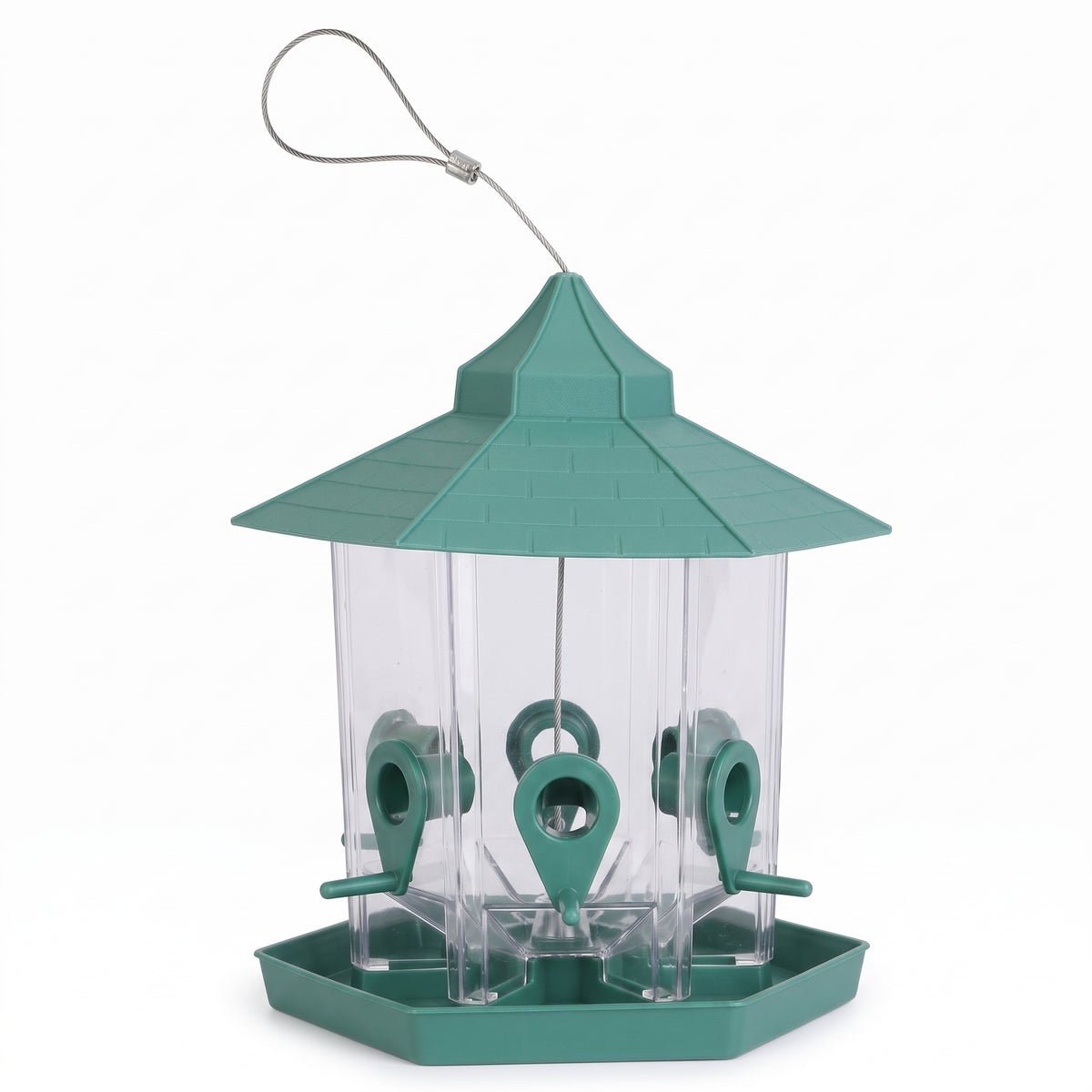 Green hanging gazebo bird feeder showing the six feeding ports