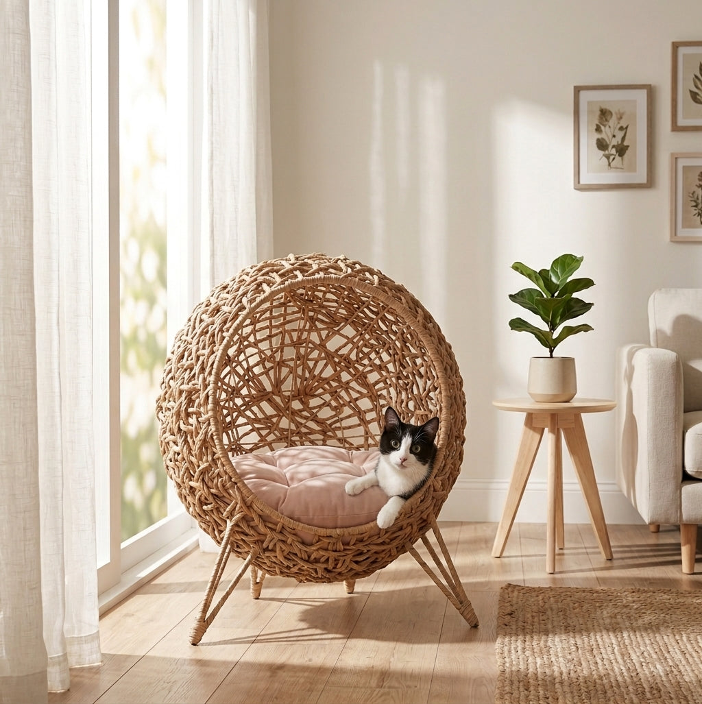 Handwoven water hyacinth egg-shaped cat bed with black and white cat lounging inside, bright living room with sheer curtains and potted plant