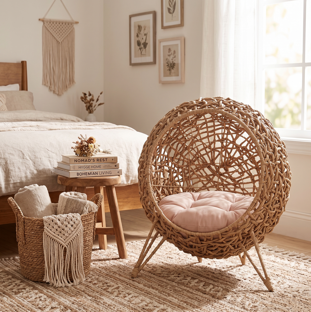 Handwoven water hyacinth egg-shaped cat bed with pink cushion in cozy bohemian bedroom setting