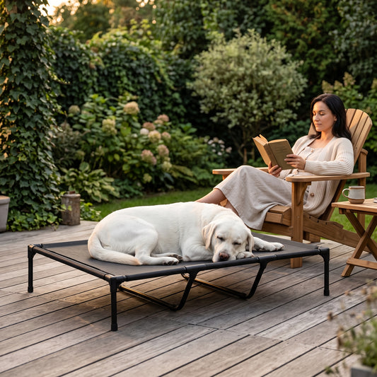 White Labrador sleeping on black elevated outdoor dog bed on wooden deck while woman reads in garden at golden hour
