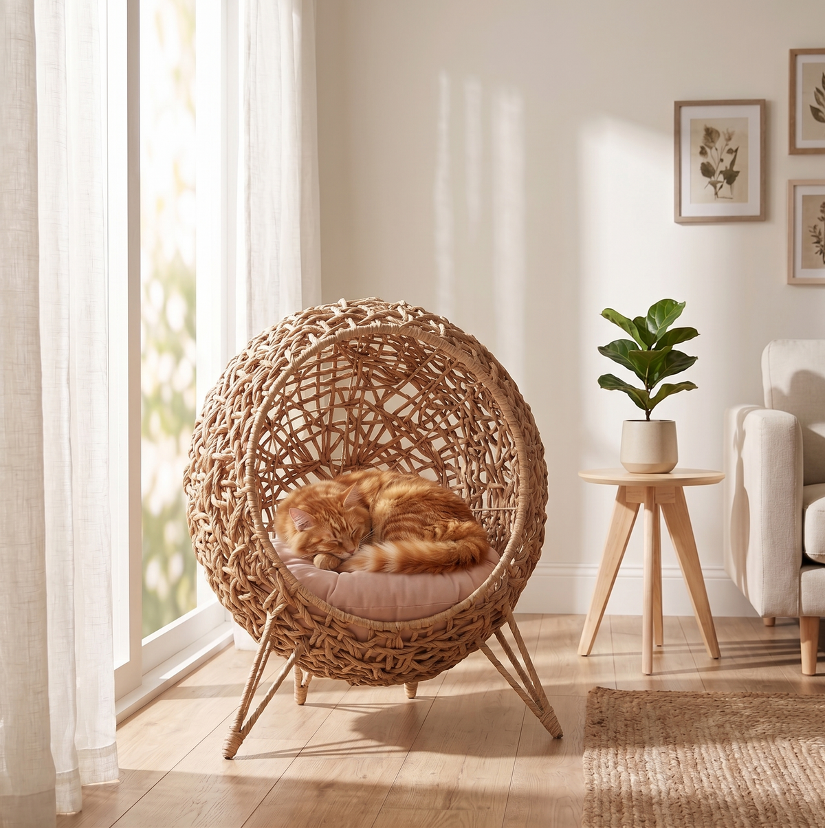 Handwoven water hyacinth egg-shaped cat bed with orange tabby cat sleeping inside, bright living room with sheer curtains and potted plant