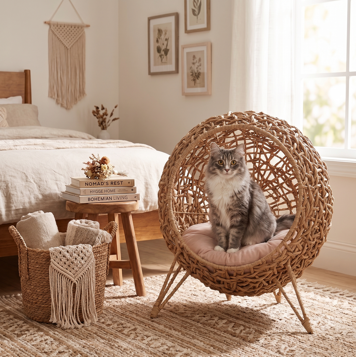 Handwoven water hyacinth cat bed in bohemian bedroom with grey and white cat sitting inside