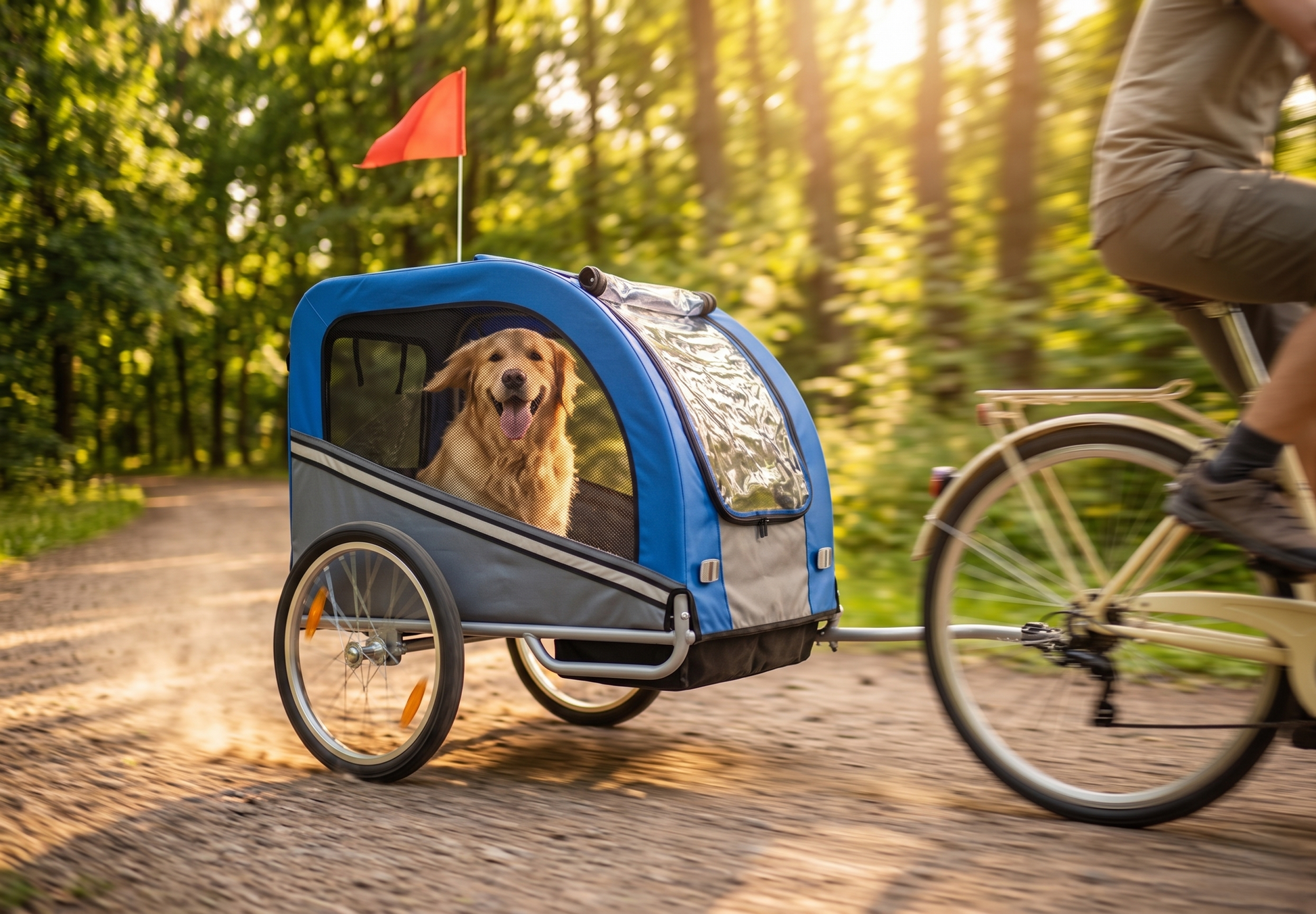GianfiStore Dog Bike Trailer – golden retriever happy inside blue trailer on sunny forest path, lifestyle photo