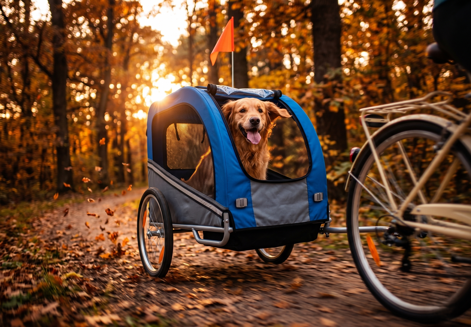 GianfiStore Dog Bike Trailer – cinematic low angle autumn forest, golden retriever inside blue trailer at sunset