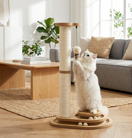 GianfiStore sisal cat scratching post with ball track – fluffy white cat playing with hanging ball in modern Scandinavian living room