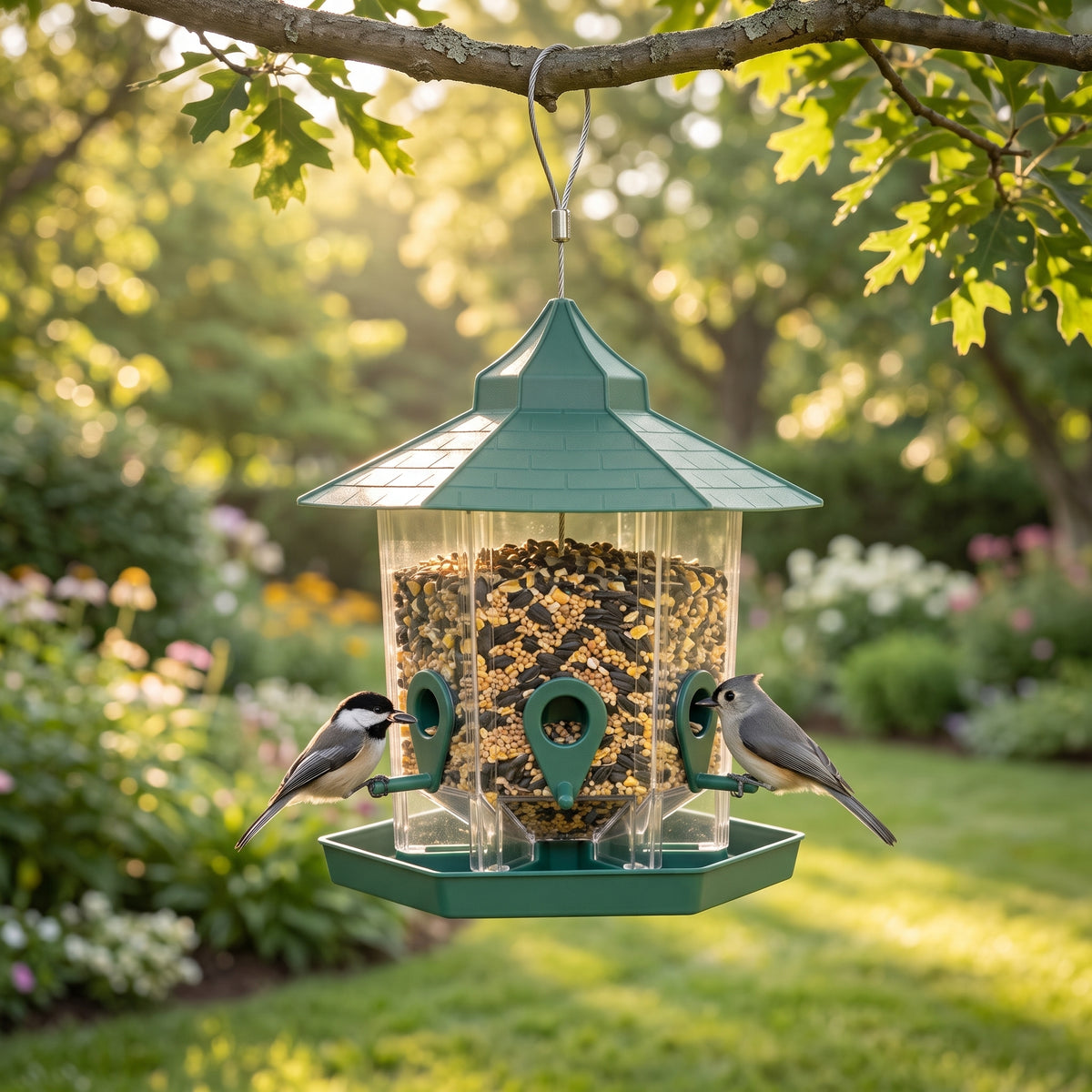 Green gazebo bird feeder with wild birds in a sunlit garden