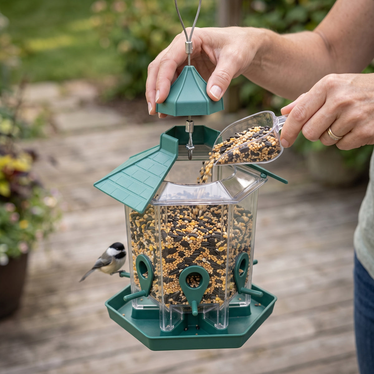 Top-refill green gazebo bird feeder being filled with birdseed