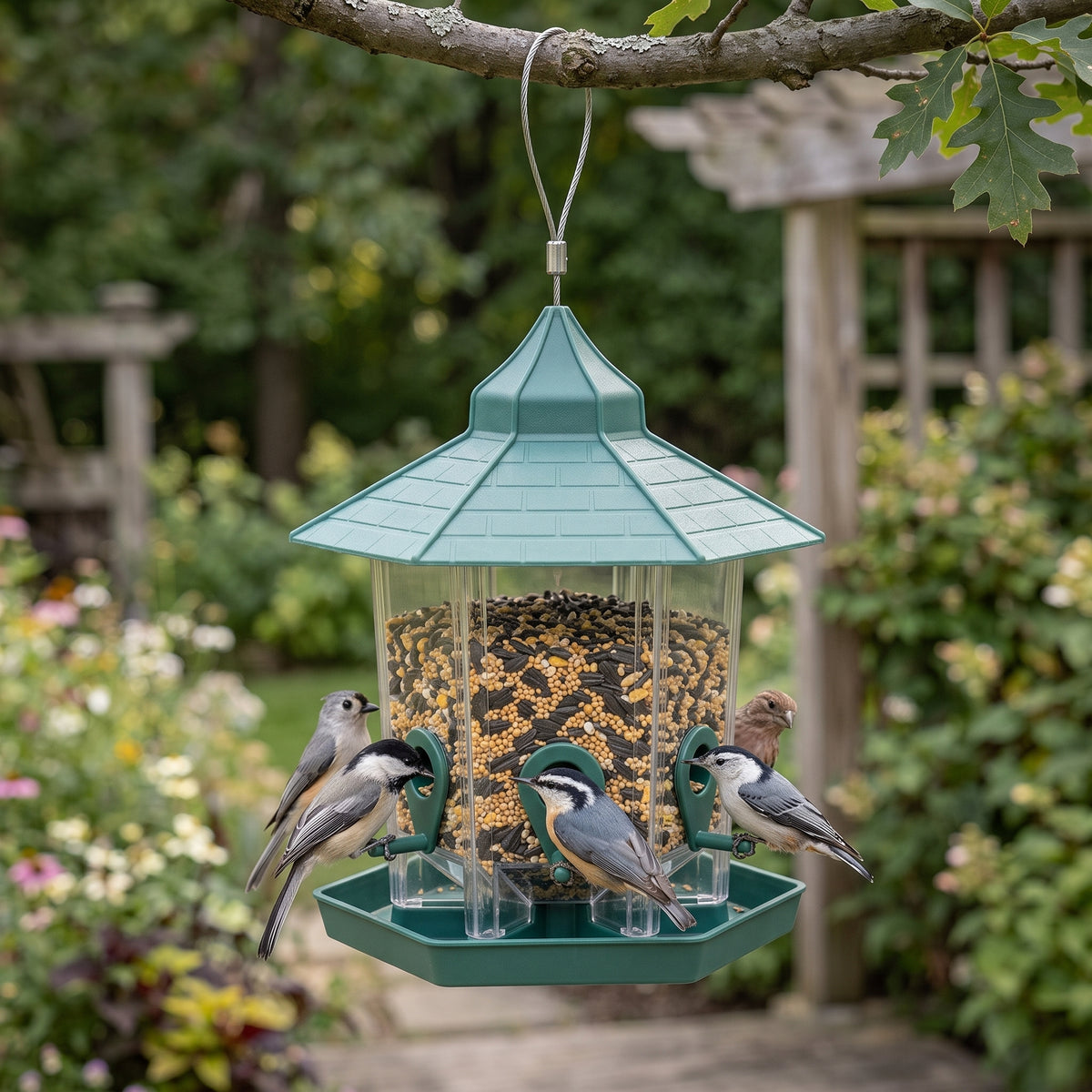Wild birds feeding from a green six-port gazebo bird feeder