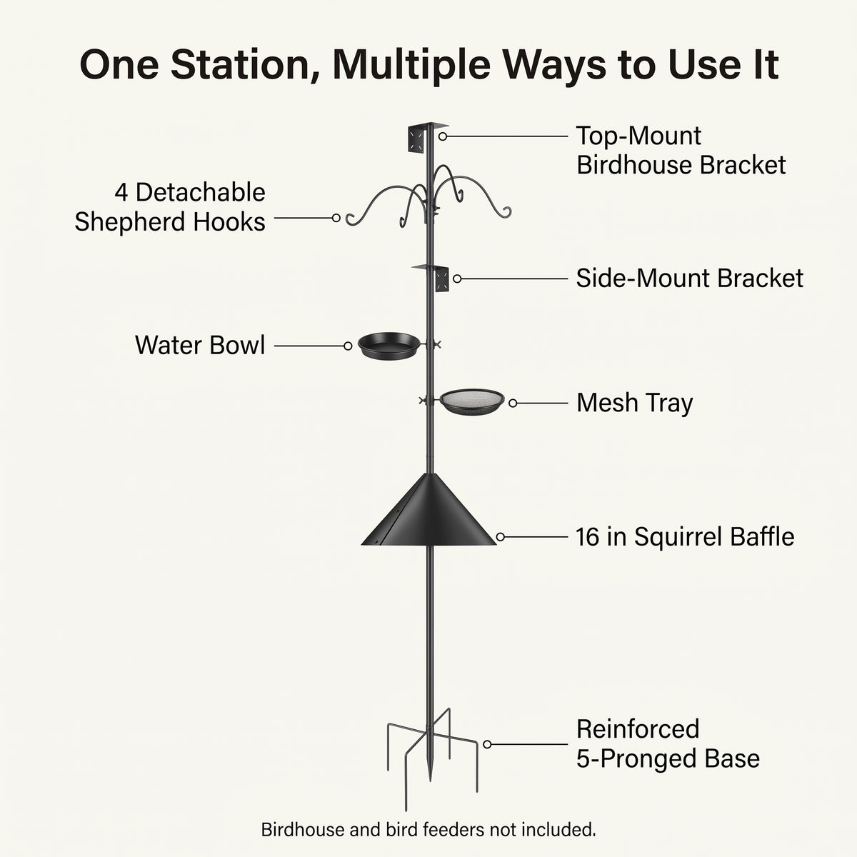 94" Heavy-Duty Bird Feeder Pole with 4 Shepherd Hooks | 5 Adjustable Heights, Squirrel Baffle, 5-Pronged Base