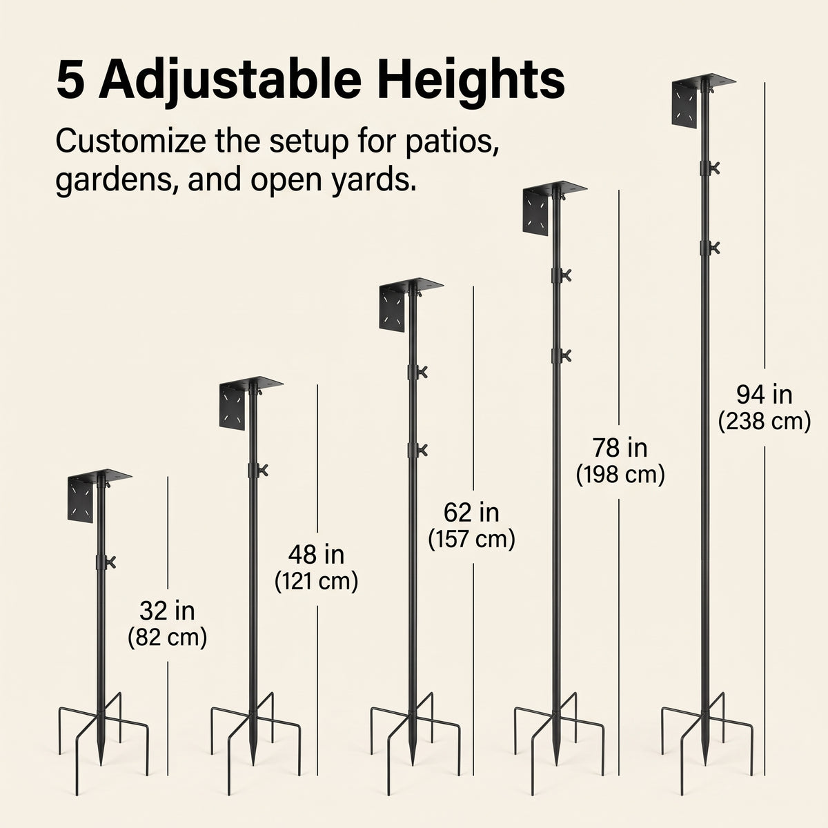 94" Heavy-Duty Bird Feeder Pole with 4 Shepherd Hooks | 5 Adjustable Heights, Squirrel Baffle, 5-Pronged Base