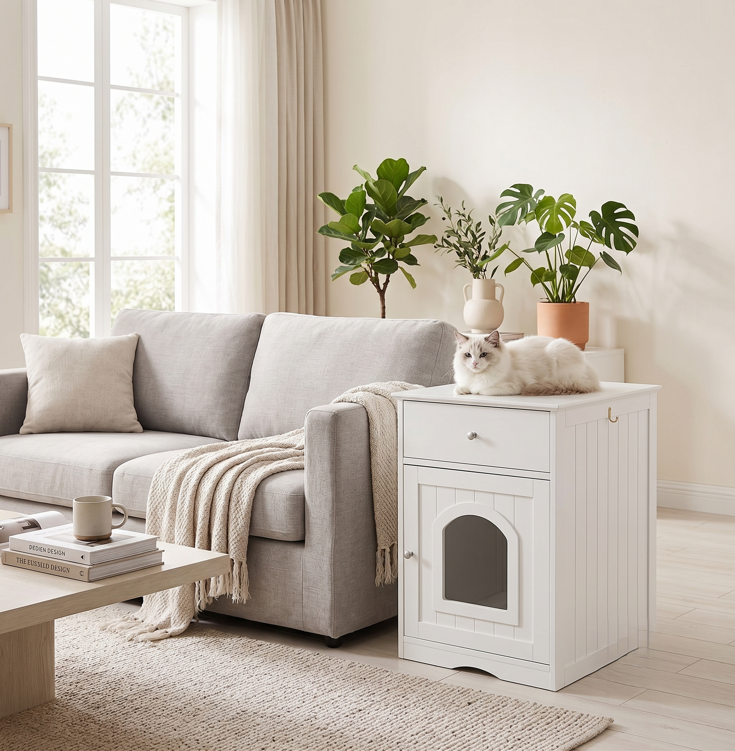 Hidden Cat Litter Box Enclosure – Solid Wood End Table with Storage Drawer | White