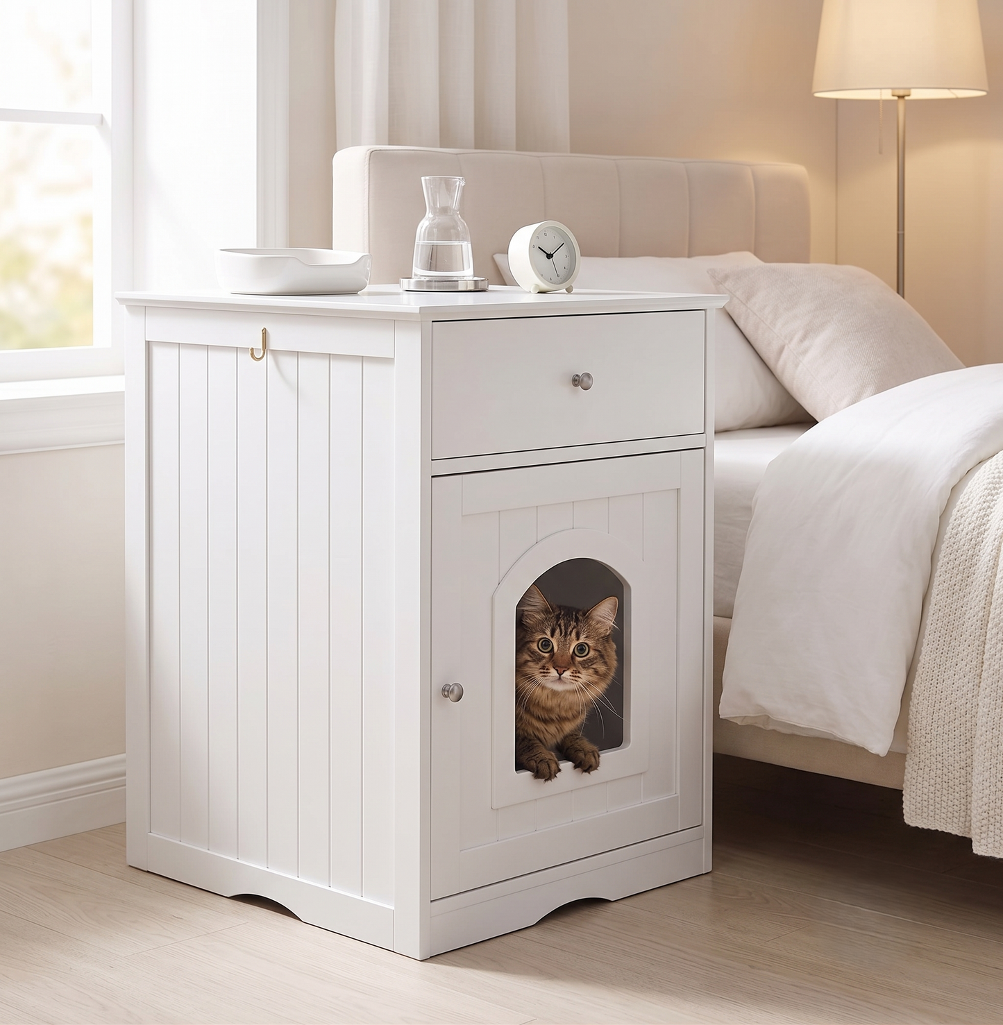 Hidden Cat Litter Box Enclosure – Solid Wood End Table with Storage Drawer | White