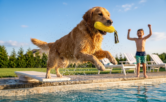 Golden retriever leaping off a diving board into a backyard pool, holding a bright yellow corn-shaped squeaky dog toy in its mouth, with a child celebrating in the background on a sunny summer day.