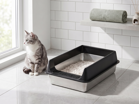 Grey tabby cat next to GianfiStore stainless steel litter box – odor-free, easy-clean design for medium and large cats