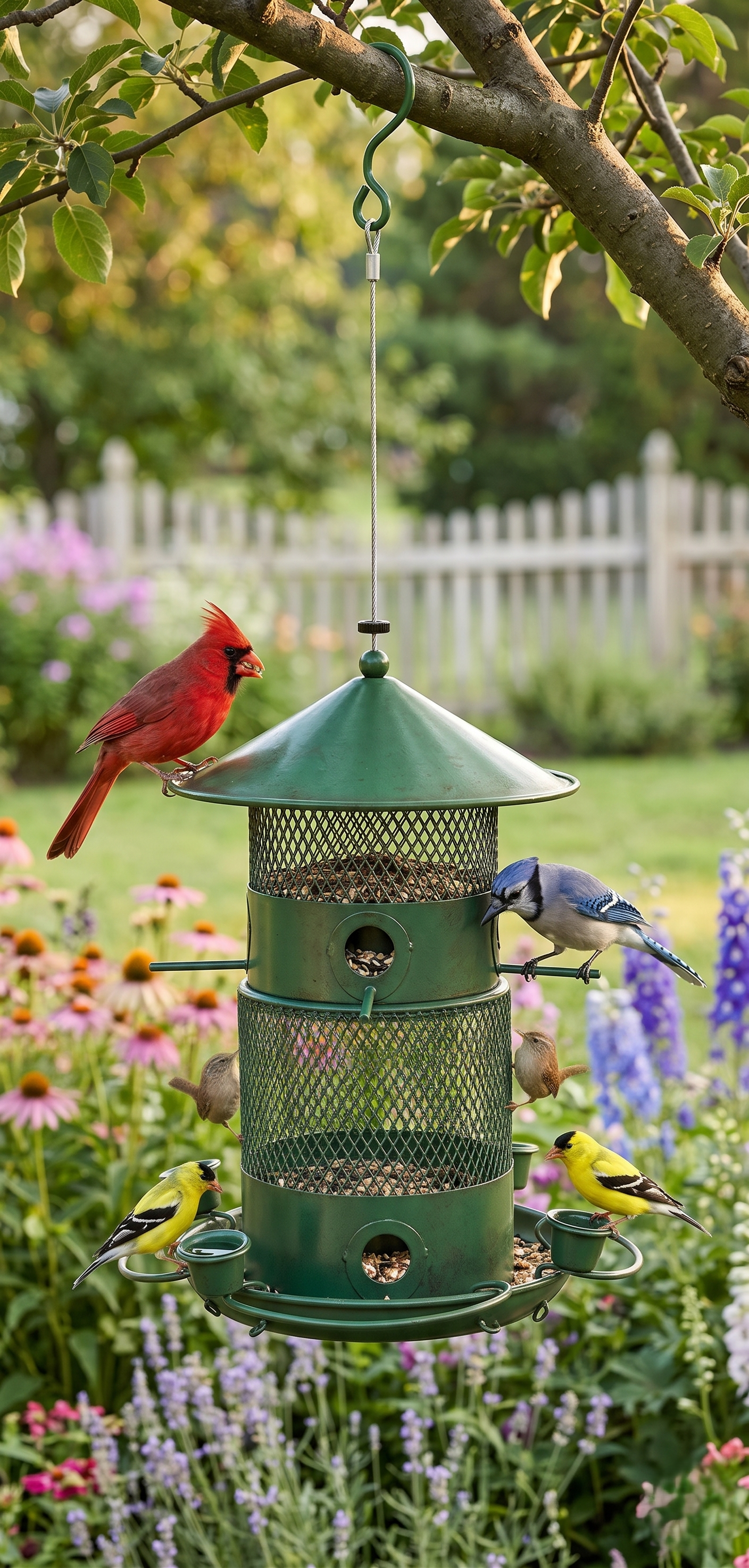 Cardinals, blue jays and goldfinches feeding on 3-Tier Wild Bird Station in a lush garden with white picket fence