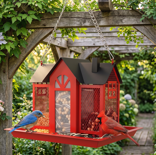 GianfiStore Classic Barn Bird Feeder hanging from wooden pergola in lush summer garden with bluebird and cardinal perched on tray — Red Metal Hanging Bird Feeder

