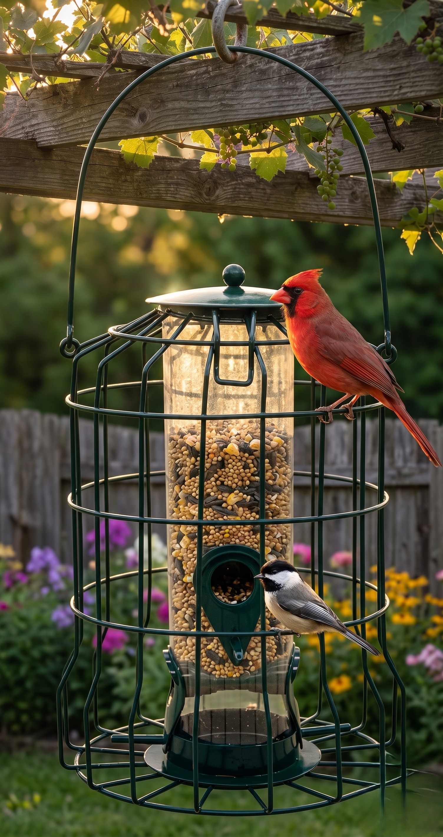 Squirrel-proof hanging bird feeder with wire cage, red cardinal and chickadee feeding in backyard garden at golden hour
