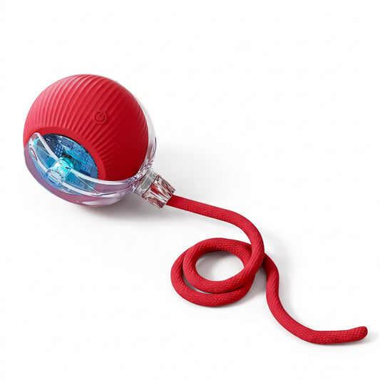 Red rechargeable rolling pet toy with transparent light-up housing and attached play rope on a white background