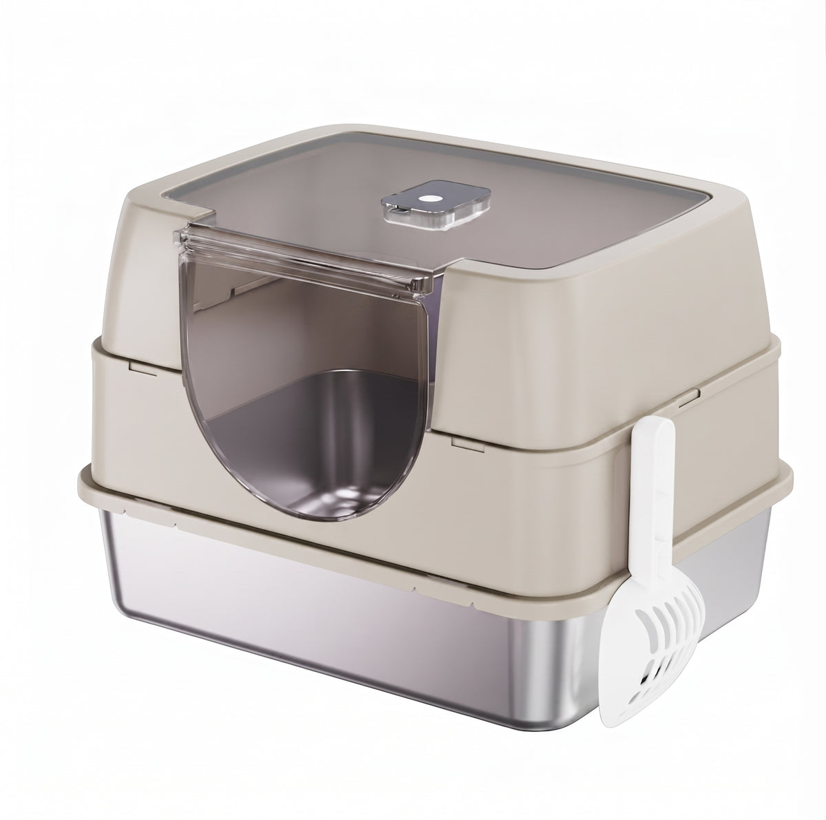 Enclosed cat litter box front view showing flip top lid and entry door, beige color